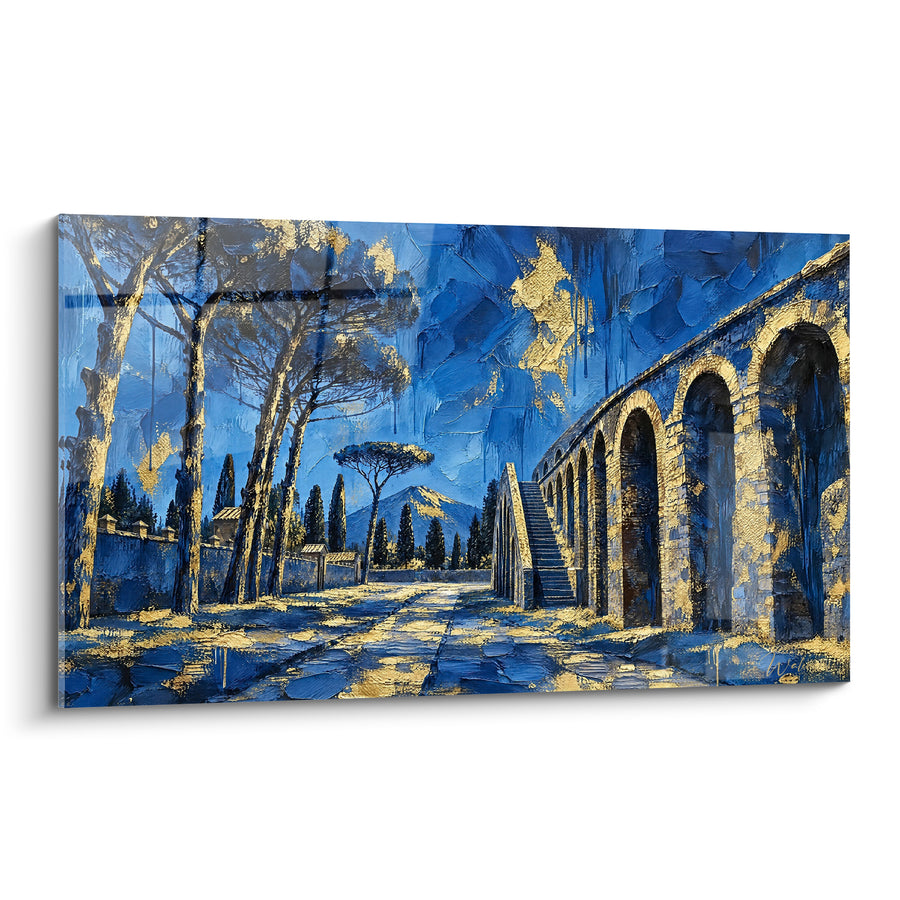 Tableau Aqueduc antique bleu nuit et doré avec escalier - Pins parasols nocturnes - Edition Pompéi Campanie Italie