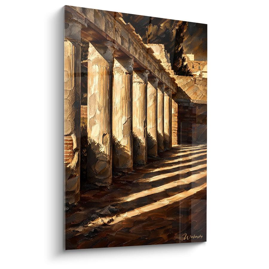 Tableau Colonnade antique brune et dorée aux ombres projetées - Rayons sur le pavement - Edition Pompéi Campanie Italie