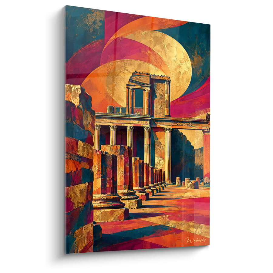 Tableau Ruines antiques aux colonnes dorées et pourpres - Échos d'une civilisation - Edition Pompéi Campanie Italie