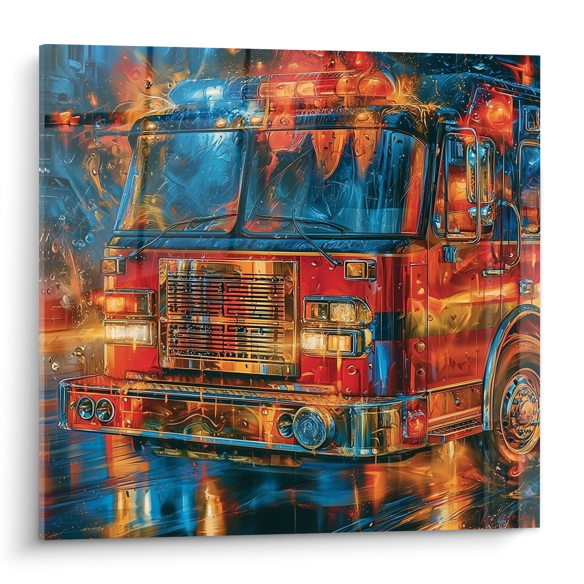 Camion de pompiers rouge et bleu marine peint avec reflets dorés et calandre chromée