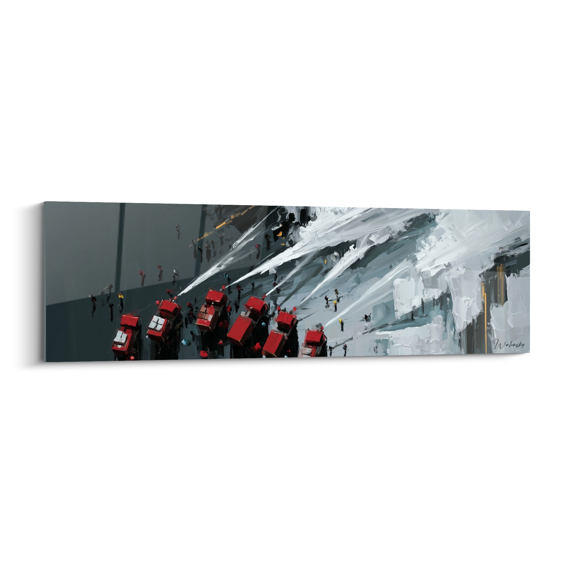 Camions de pompiers rouges alignés, jets blancs sur sol anthracite, vue aérienne peinte