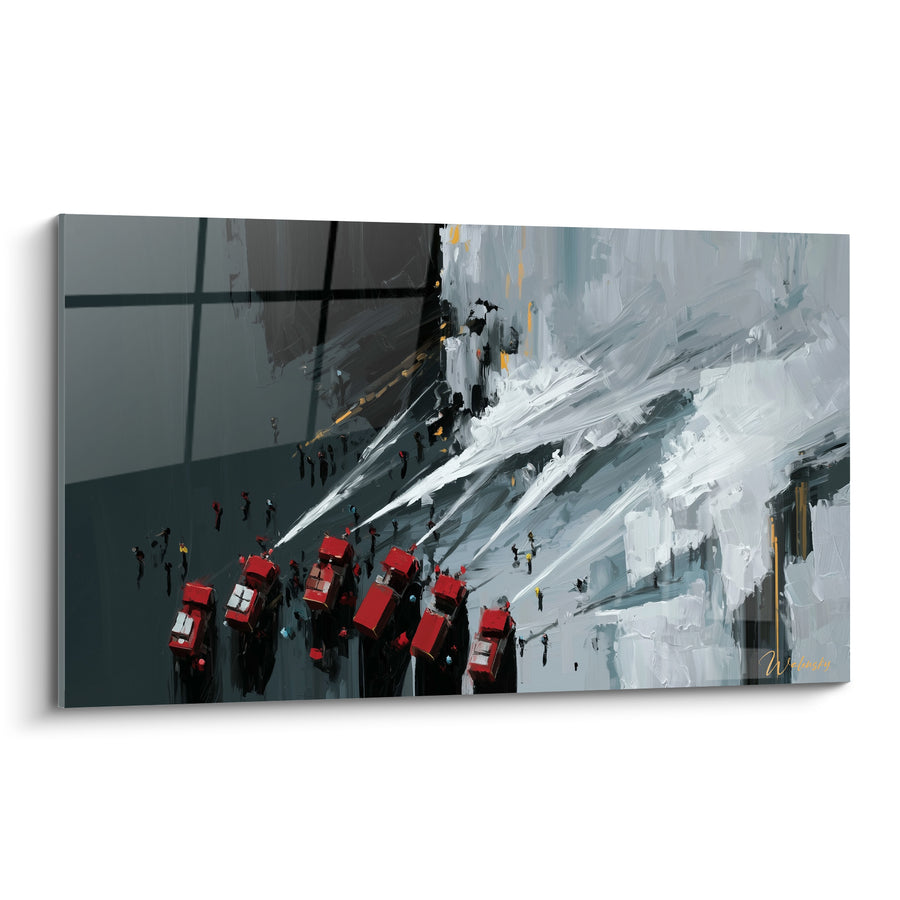 Red Trucks and White Water Jets Painting - Emergency Intervention - Firefighters Edition