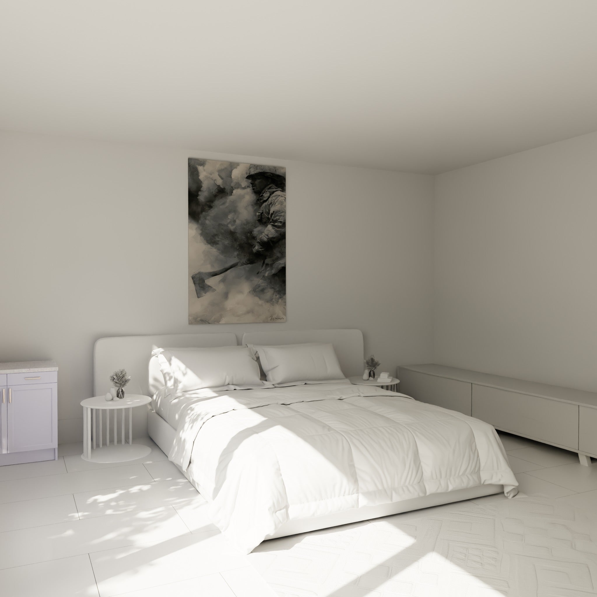 Sauveteur en uniforme avance dans une fumée grise et beige, hache tenue fermement, au-dessus d'un lit dans une chambre claire.