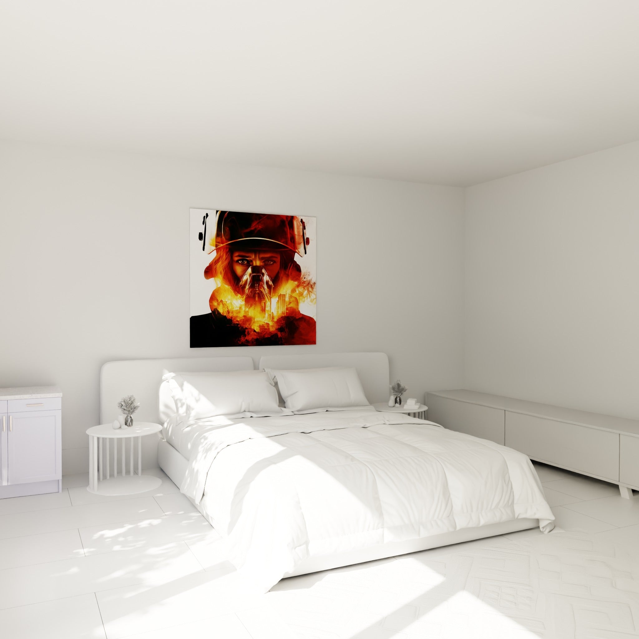 Casque blanc et flammes fauves de ce tableau pompiers au-dessus d'un lit dans une chambre claire