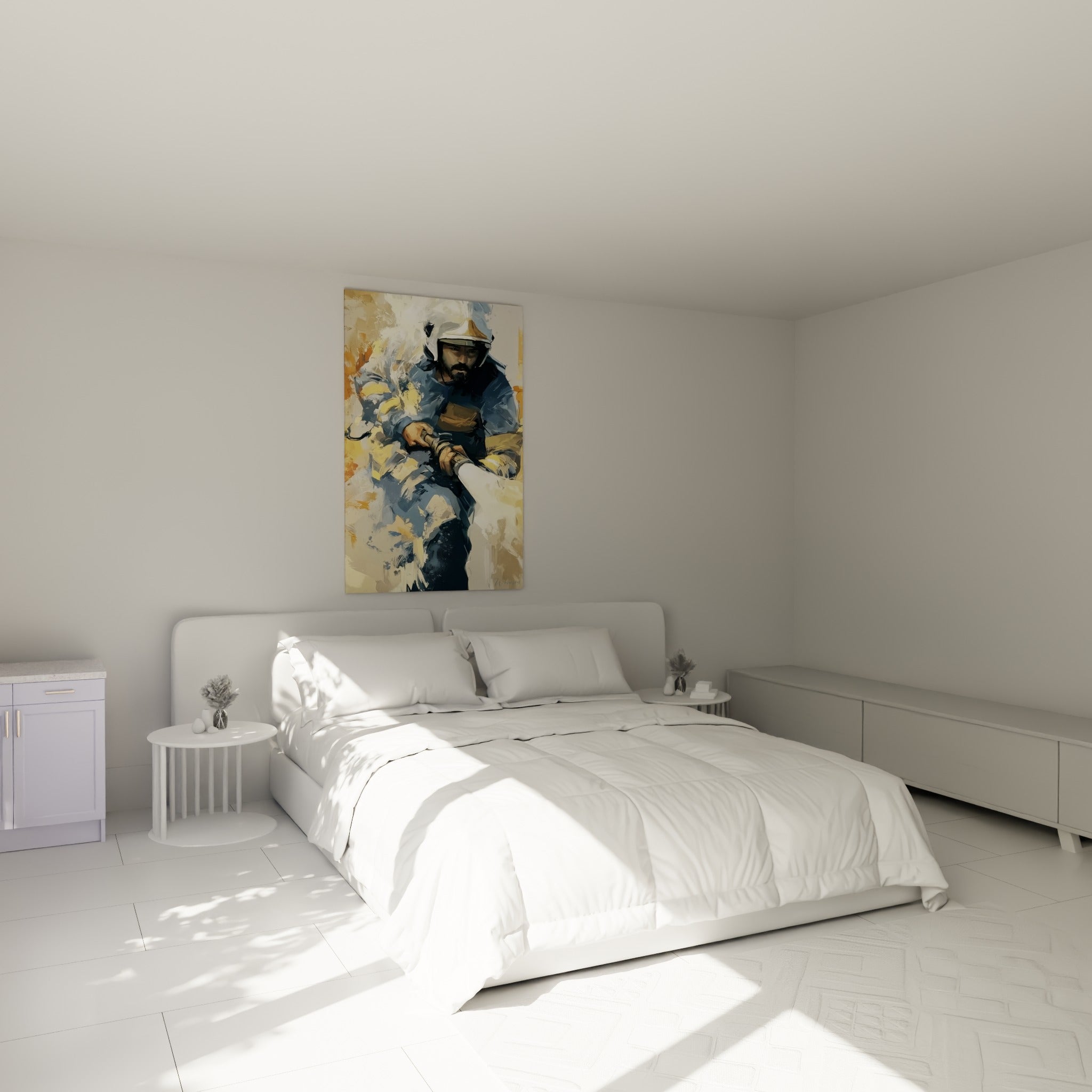 Sapeur-pompier bleu marine et jaune doré tenant sa lance, accroché au-dessus d'un lit dans une chambre claire