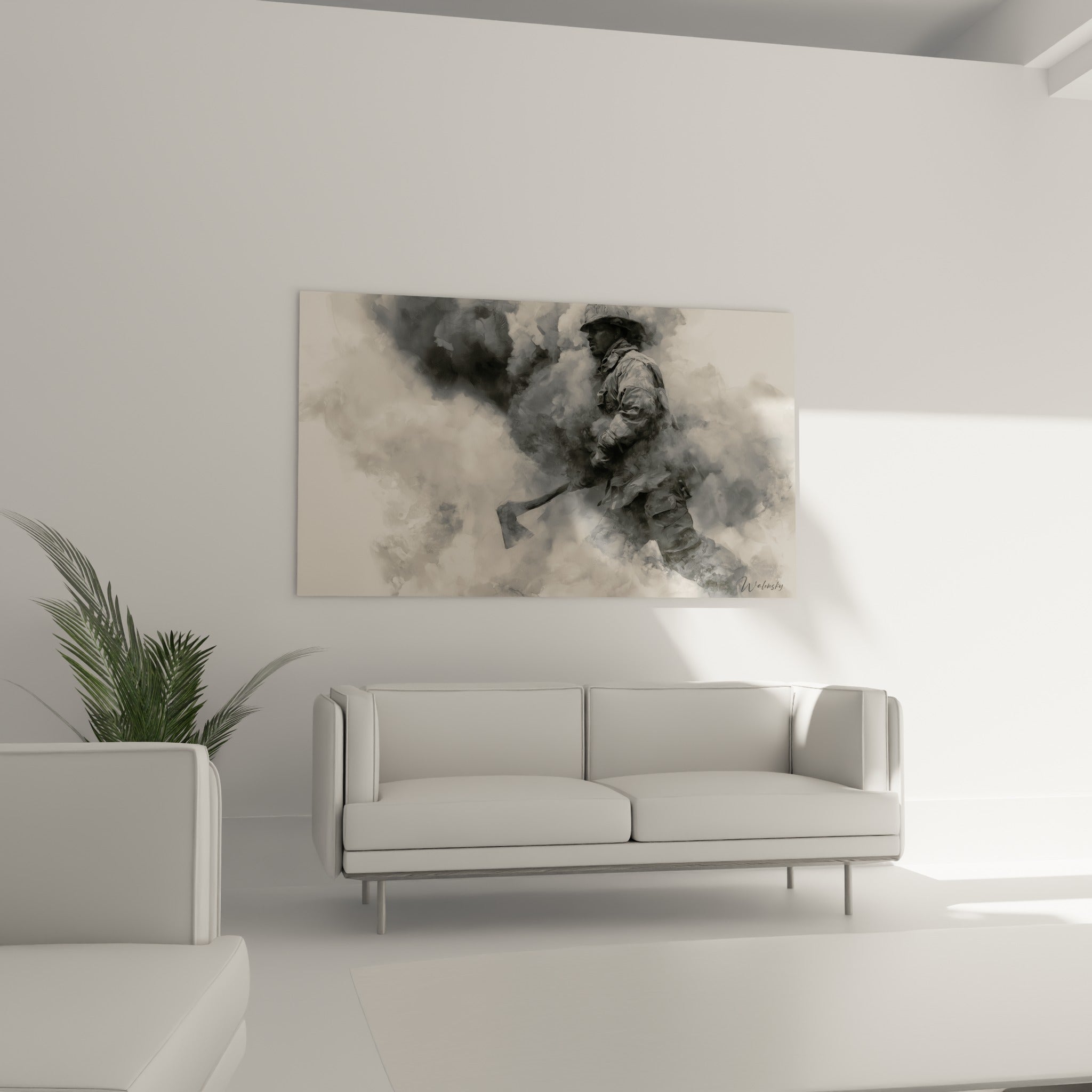 Homme casqué en gris anthracite avançant hache à la main au-dessus d'un canapé dans un salon lumineux