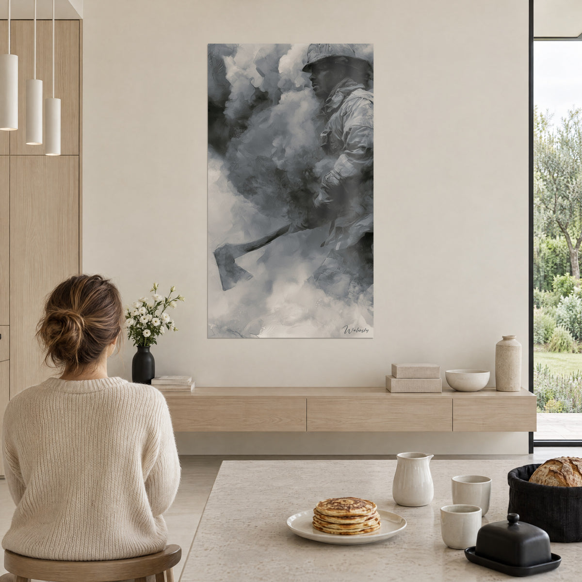 Wall art fire rescue worker in a textured jacket, pearl grey and anthracite smoke, woman seen from behind seated at a dining table