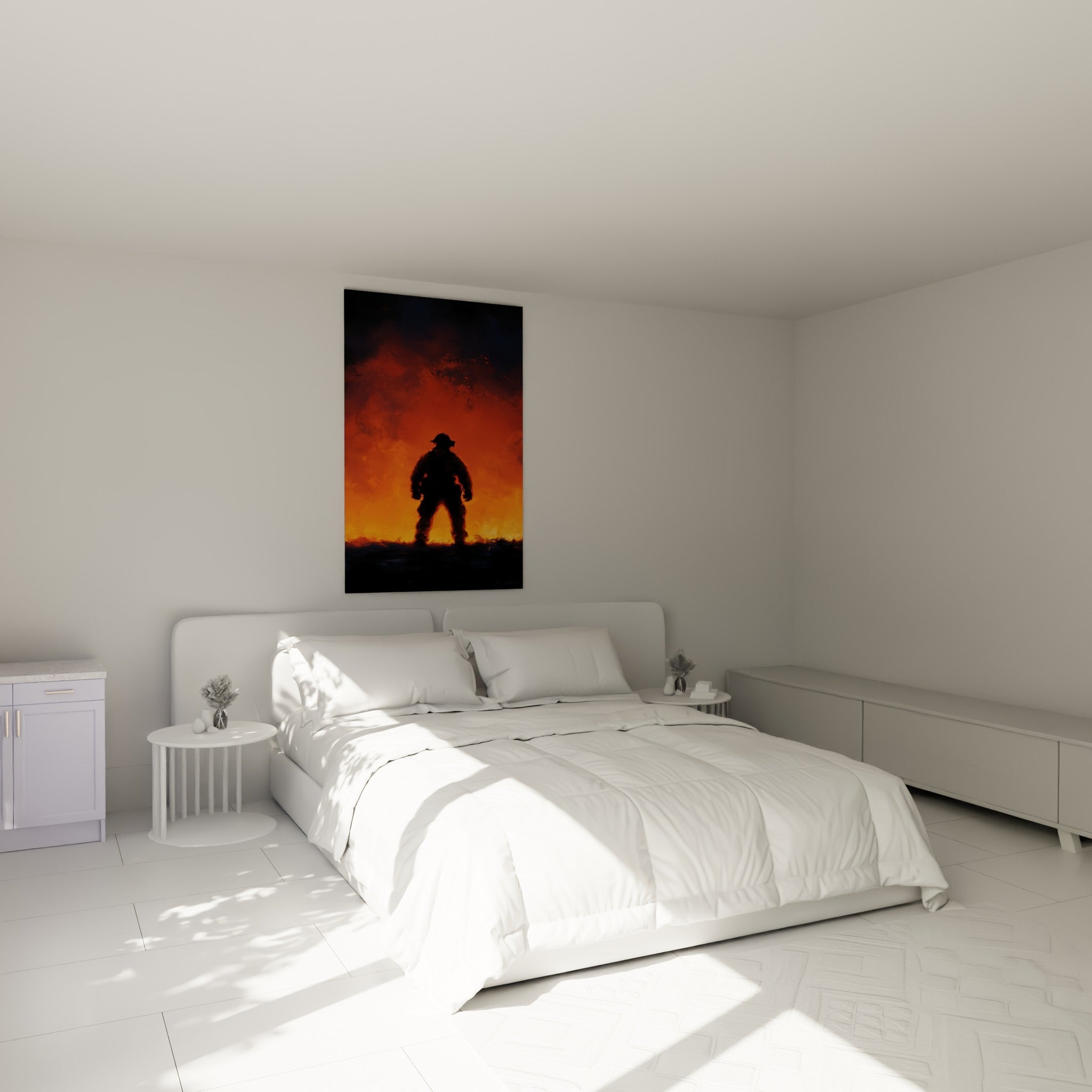 Silhouette de pompier noire face aux flammes orange, accrochée au-dessus d'un lit dans une chambre claire