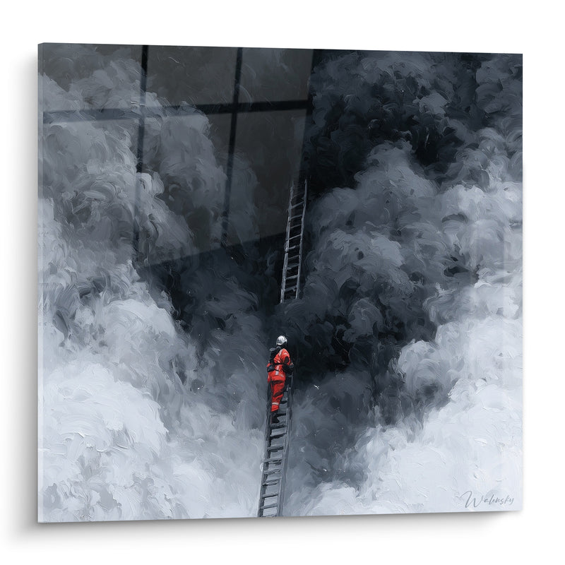 Tableau Pompier rouge sur échelle enfumée - Ascension périlleuse - Edition Pompiers