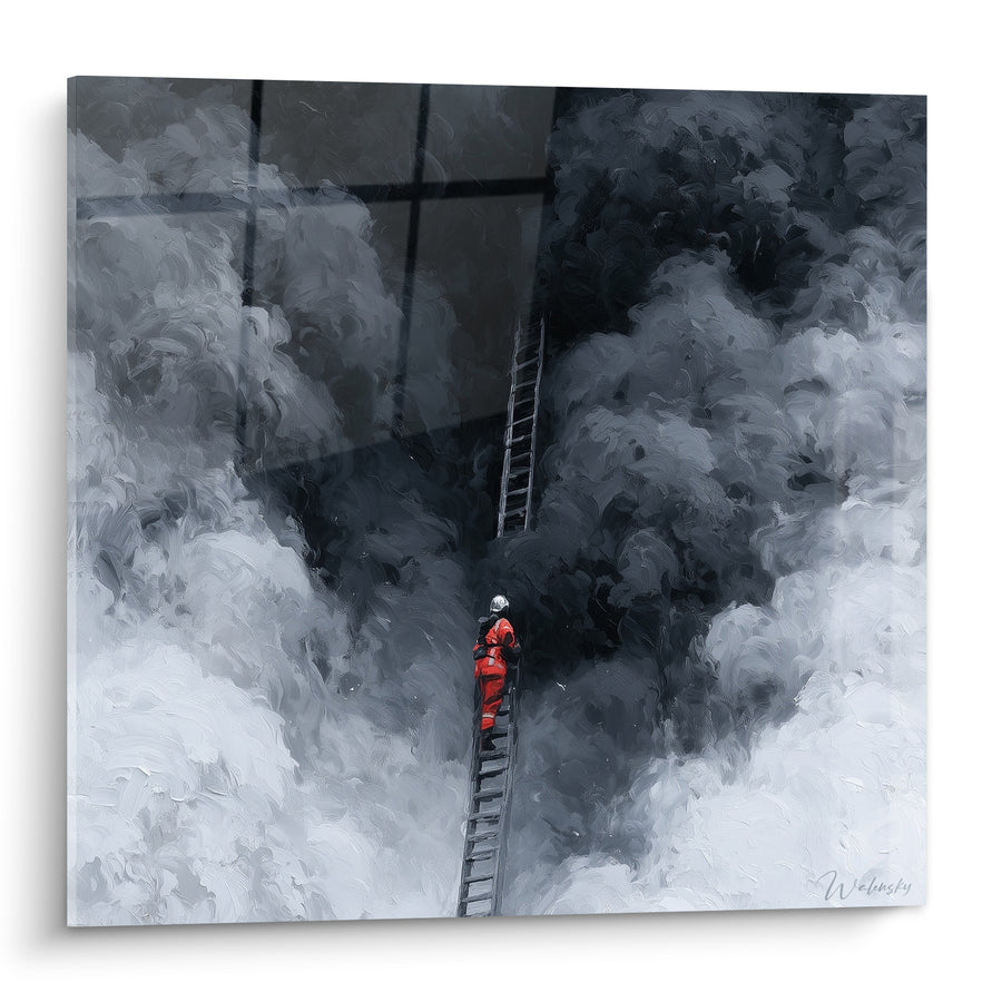 Red Firefighter Painting on Smoky Ladder - Perilous Ascent - Firefighters Edition