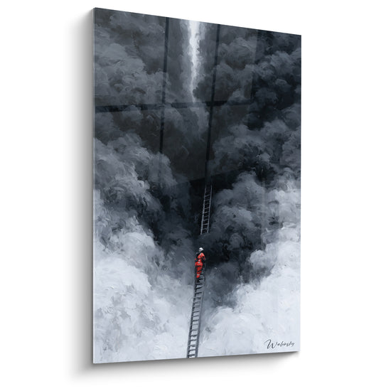 Tableau Pompier gravissant une échelle enfumée - Ascension dans la fumée - Edition Pompiers