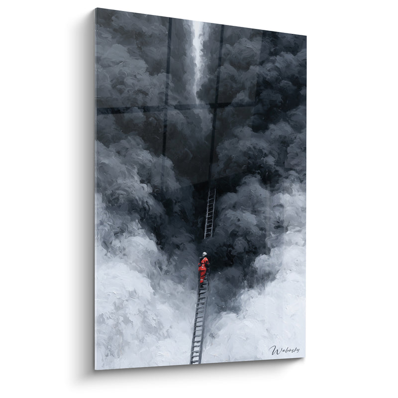 Tableau Pompier gravissant une échelle enfumée - Ascension dans la fumée - Edition Pompiers
