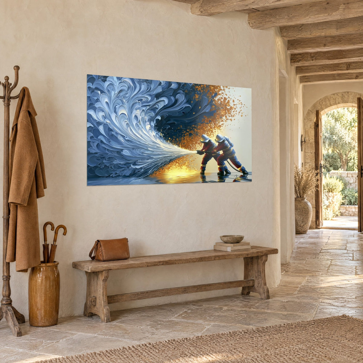 Tableau sapeurs-pompiers casqués, jet blanc et bleu nuit, éclats dorés en pluie, couloir de maison en pierre claire