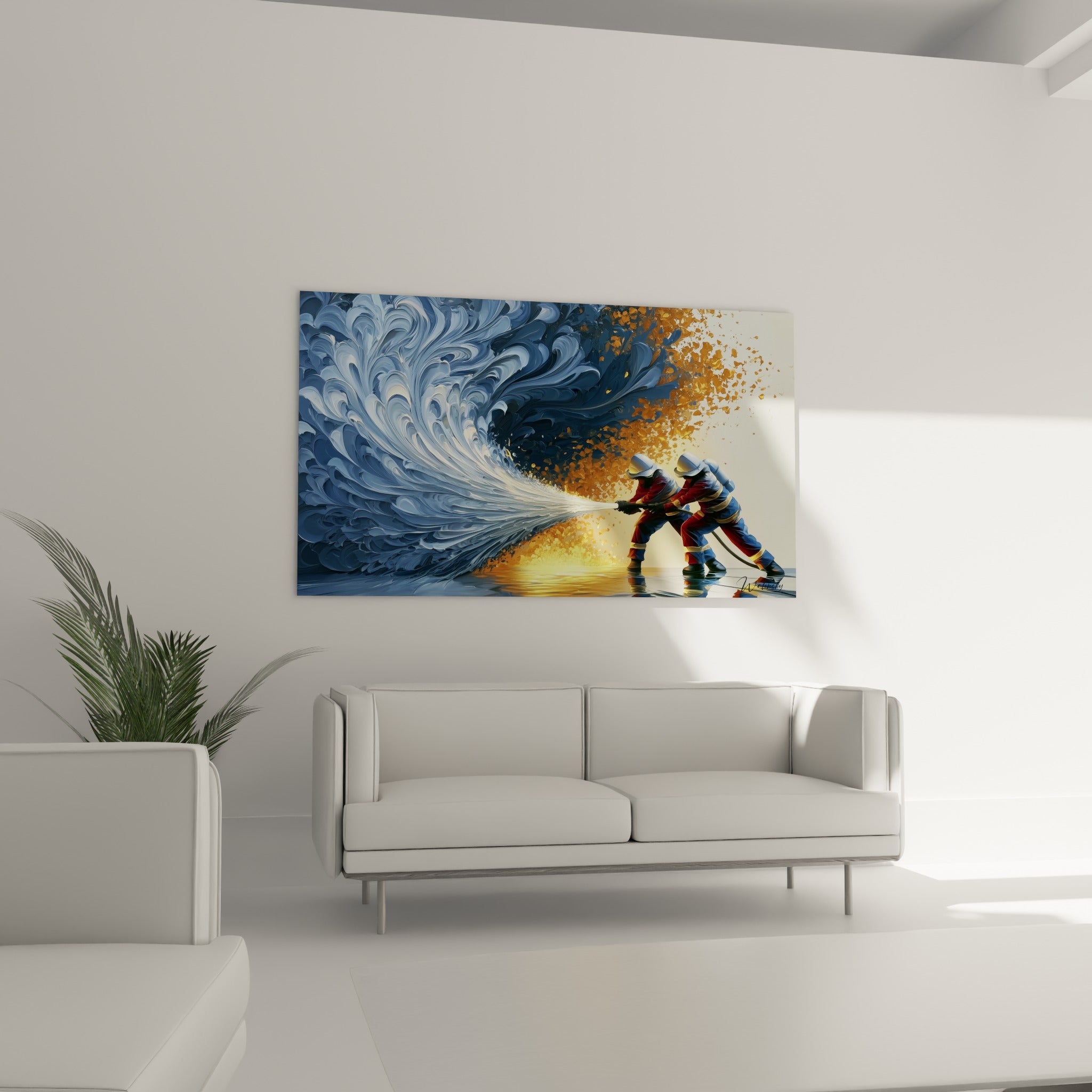 Jet d'eau stylisé en vague bleue et ocre maniée par des pompiers, au-dessus d'un canapé dans un salon lumineux
