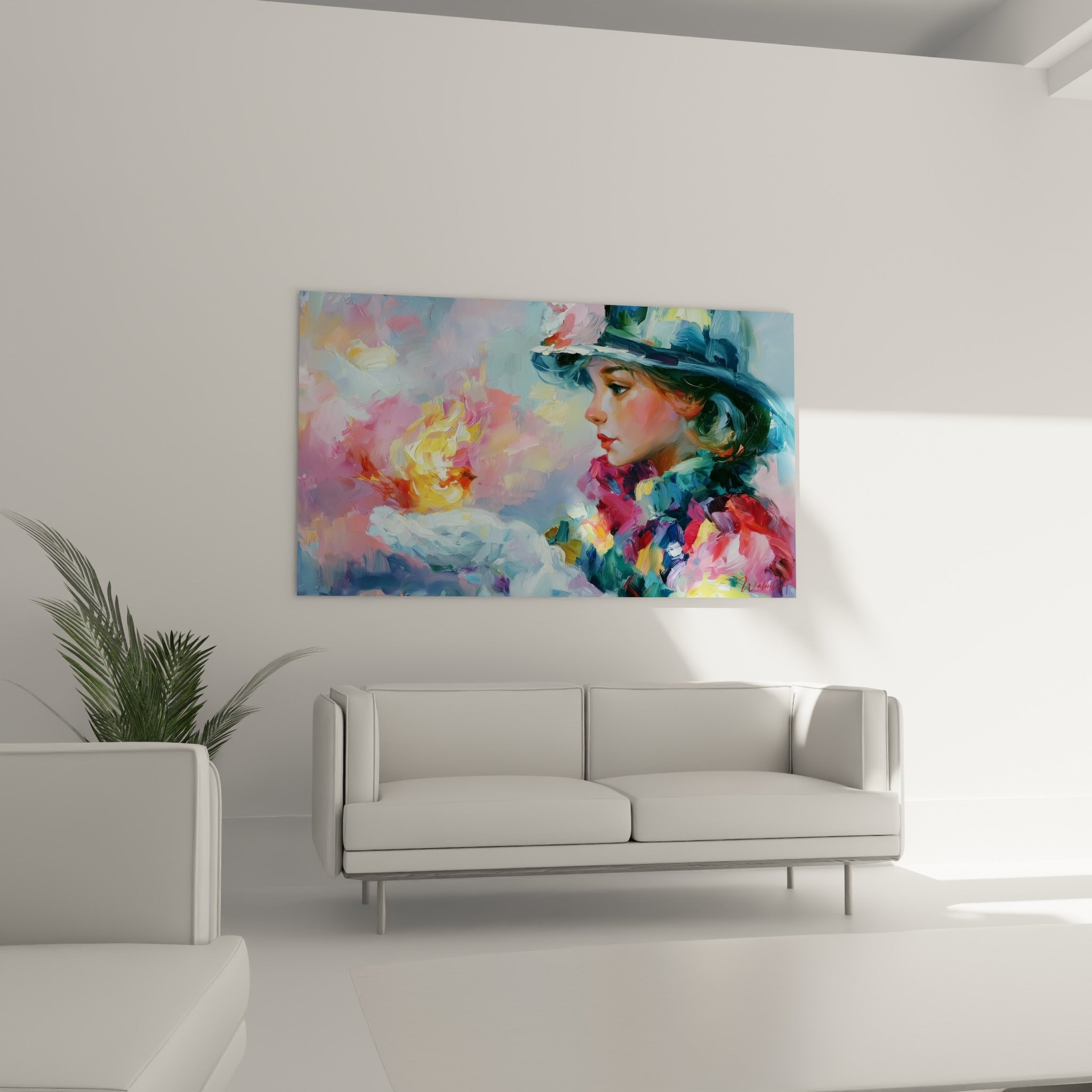Pompiers représenté en touches roses et bleu marine avec une flamme vive, au-dessus d'un canapé dans un salon lumineux