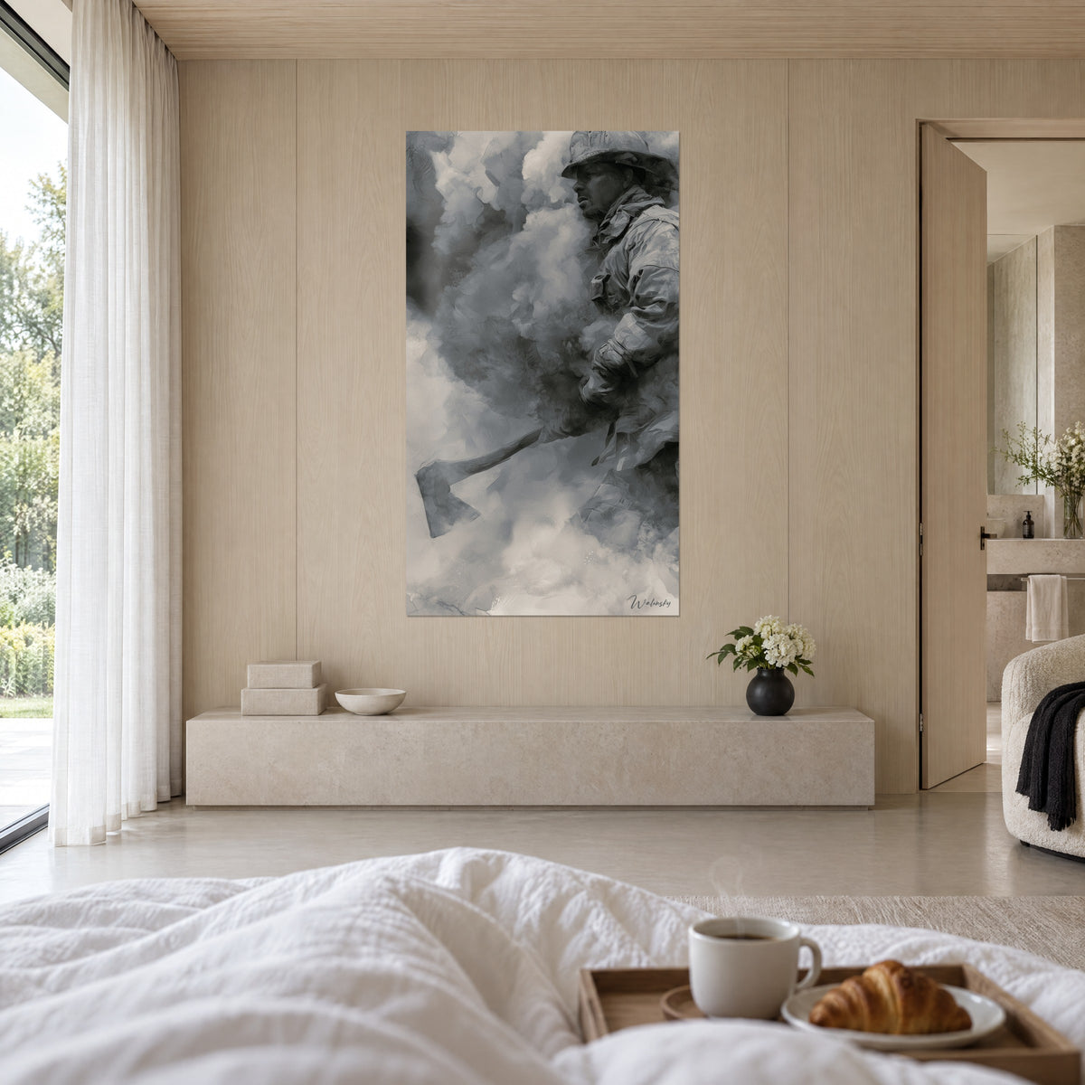 Wall art firefighter advancing through grey and charcoal smoke wisps, axe handle visible, above a bed in a light bedroom