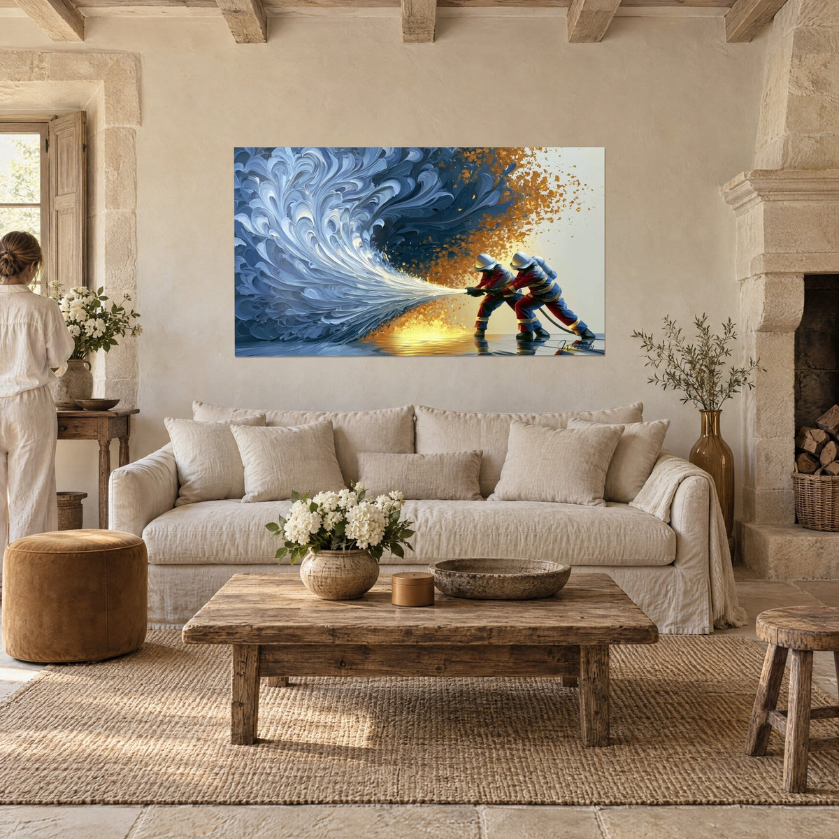 Tableau pompiers en tenue rouge et bleu, lance puissante, vague d'écume ivoire et marine, canapé de salon lumineux, mur de pierre