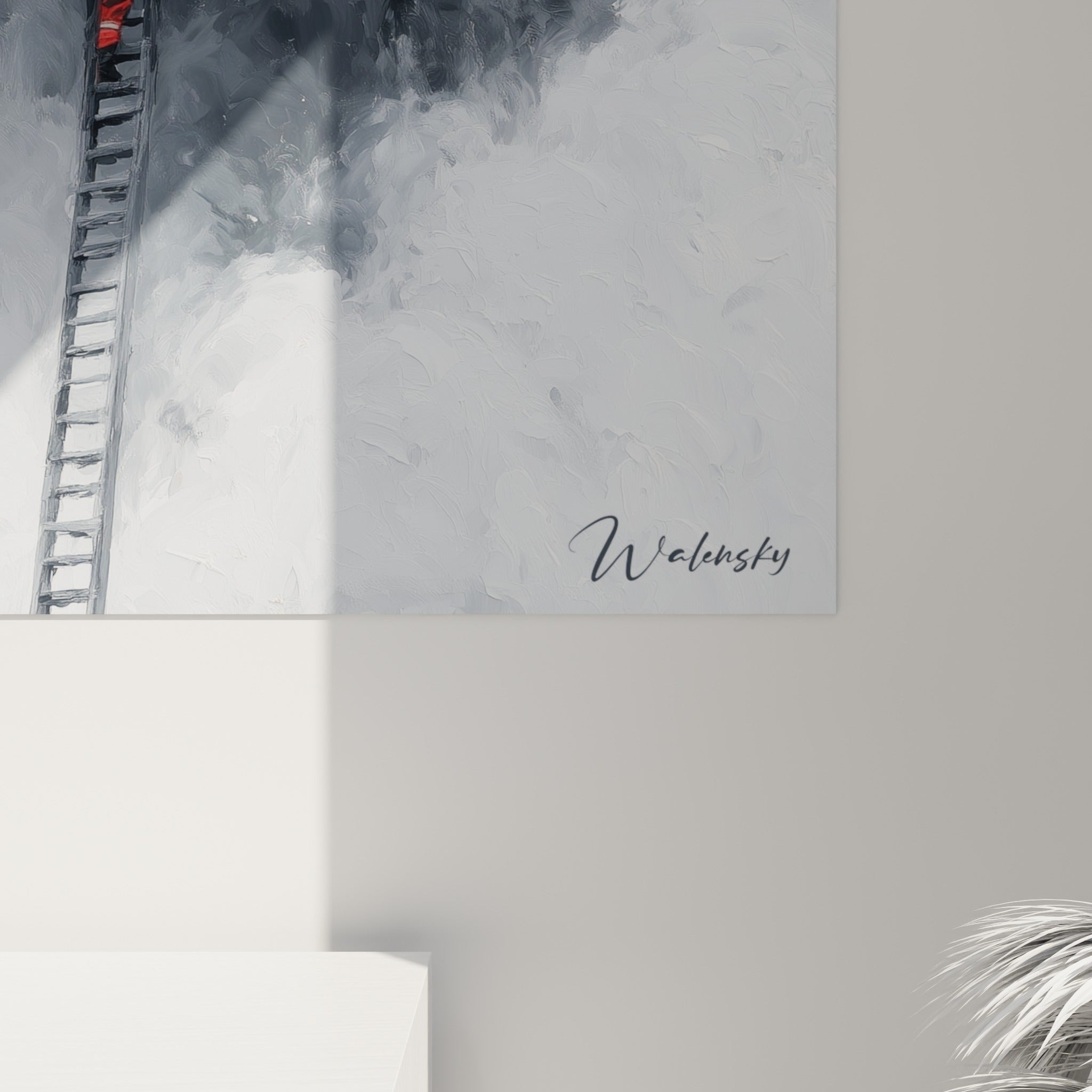 Empâtements de peinture gris et blanc formant les volutes de fumée entourant la petite silhouette rouge du pompier