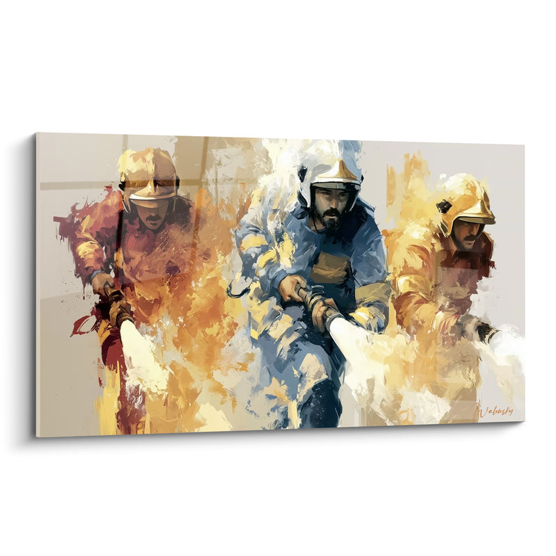 Tableau Pompiers casqués aux tons ambre et bleu - Élan collectif - Edition Pompiers