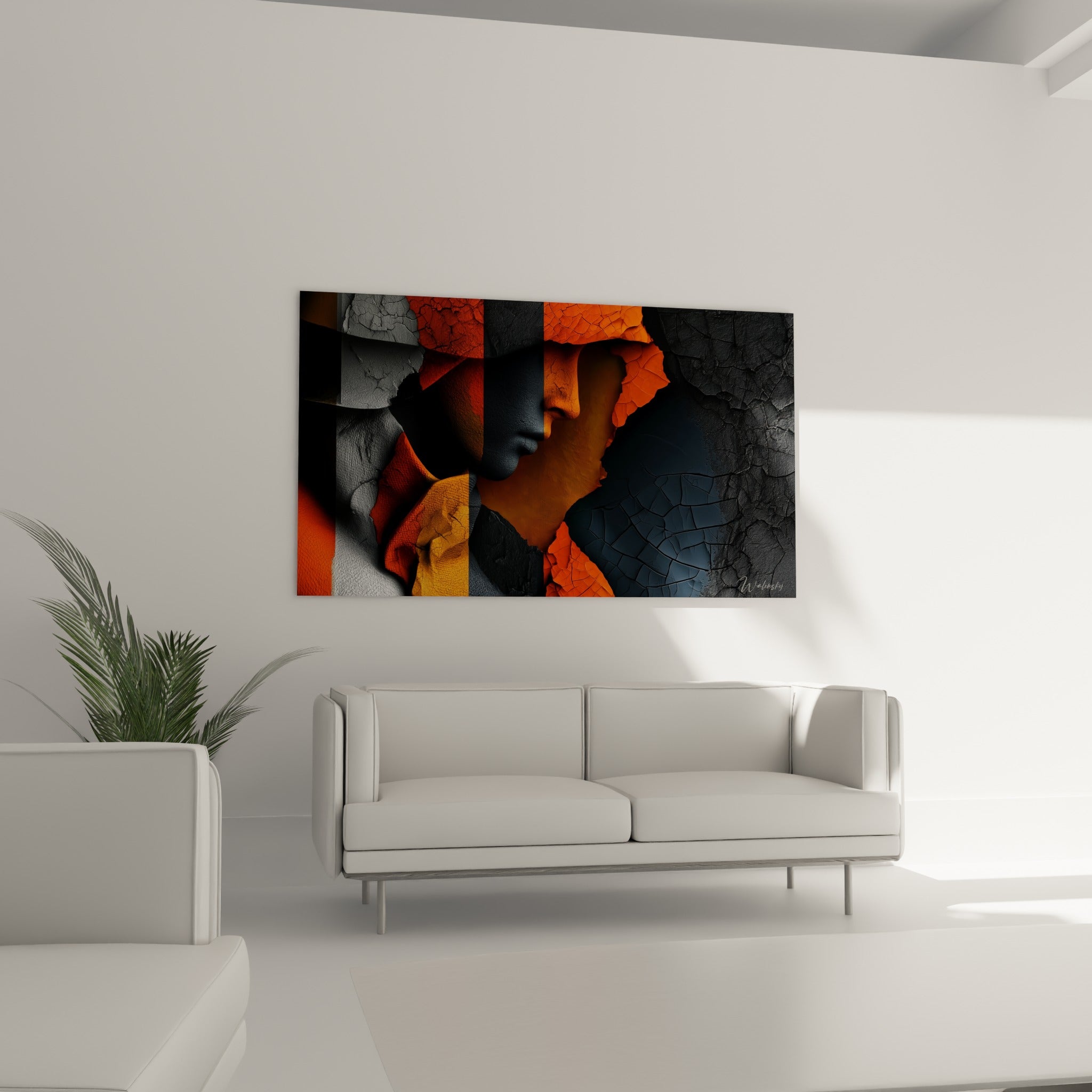 Pompiers à la texture fissurée orange et noire, accroché au-dessus d'un canapé dans un salon lumineux