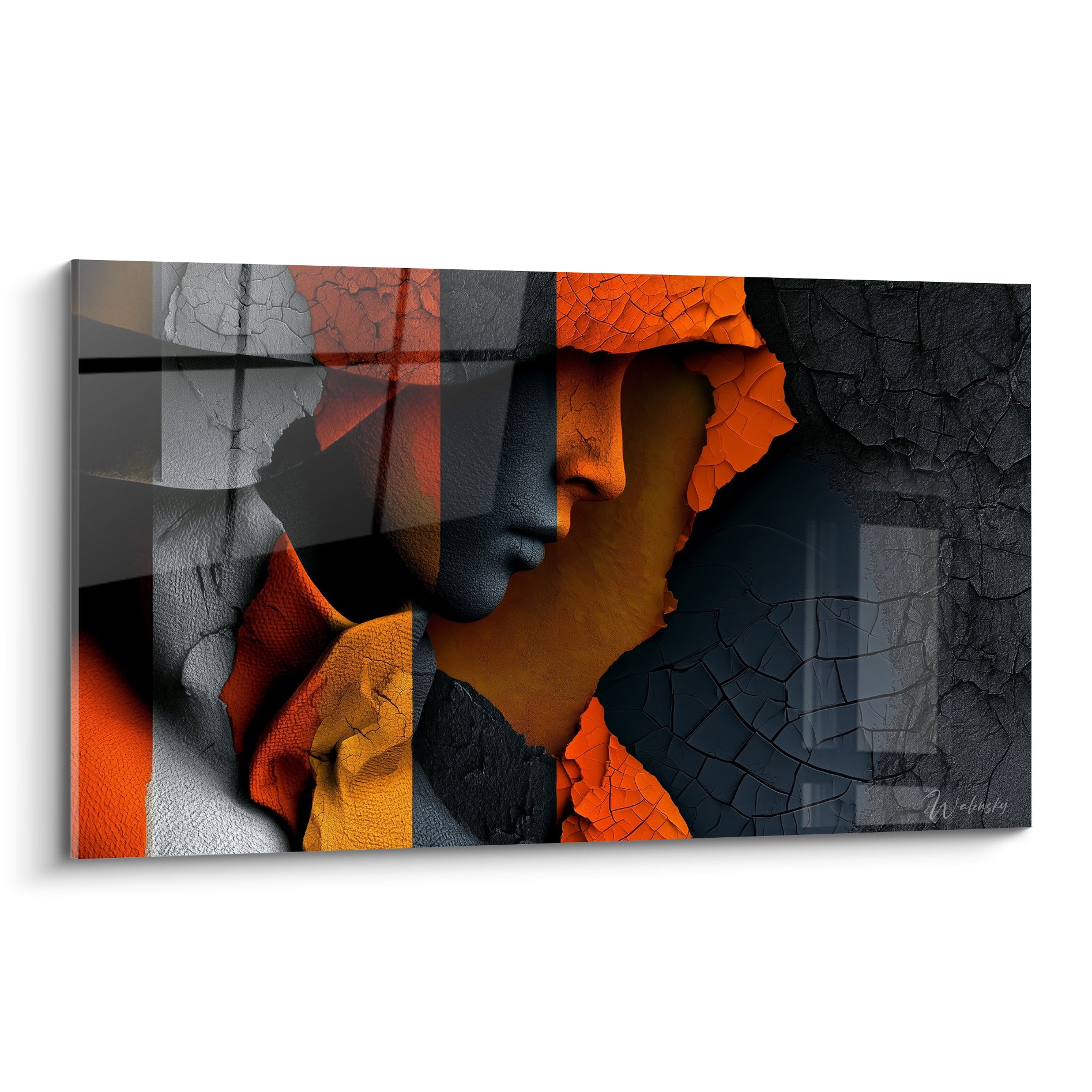 Pompiers en profil orange et anthracite, matière craquelée, visage sculpté par la lumière