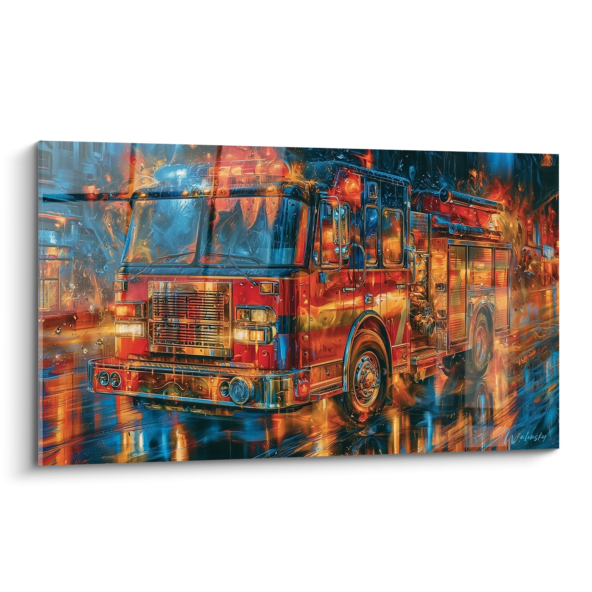 Camion de pompiers rouge et bleu, reflets orangés sur chaussée mouillée nocturne