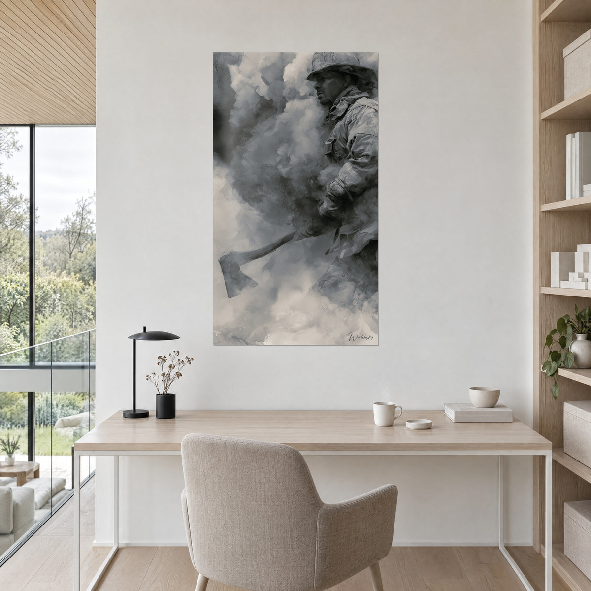 Wall art rescuer in a helmet, silhouette in black and white fog, protruding axe, beige wall above a wooden desk