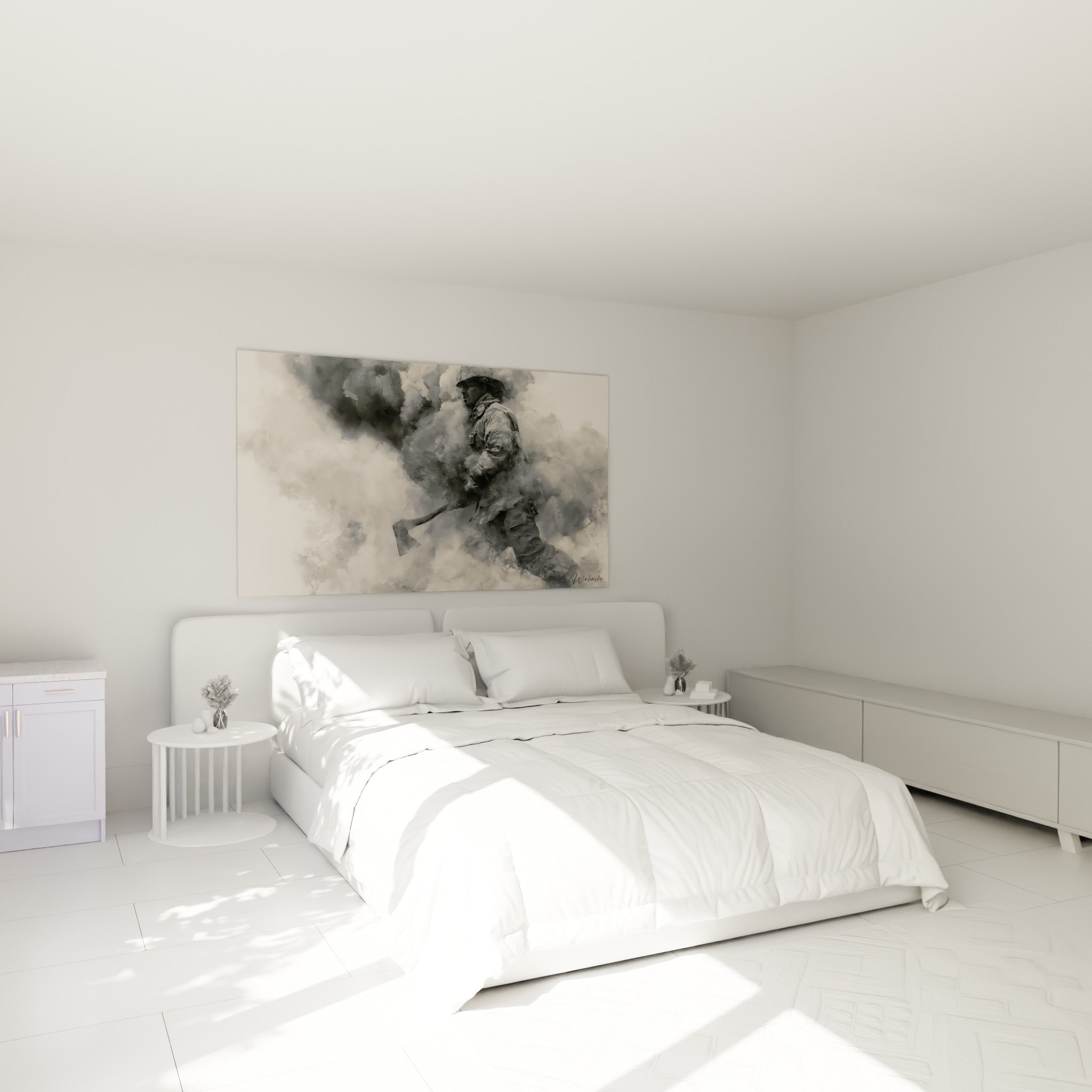 Silhouette de pompier gris fumé et beige clair au-dessus d'un lit dans une chambre claire