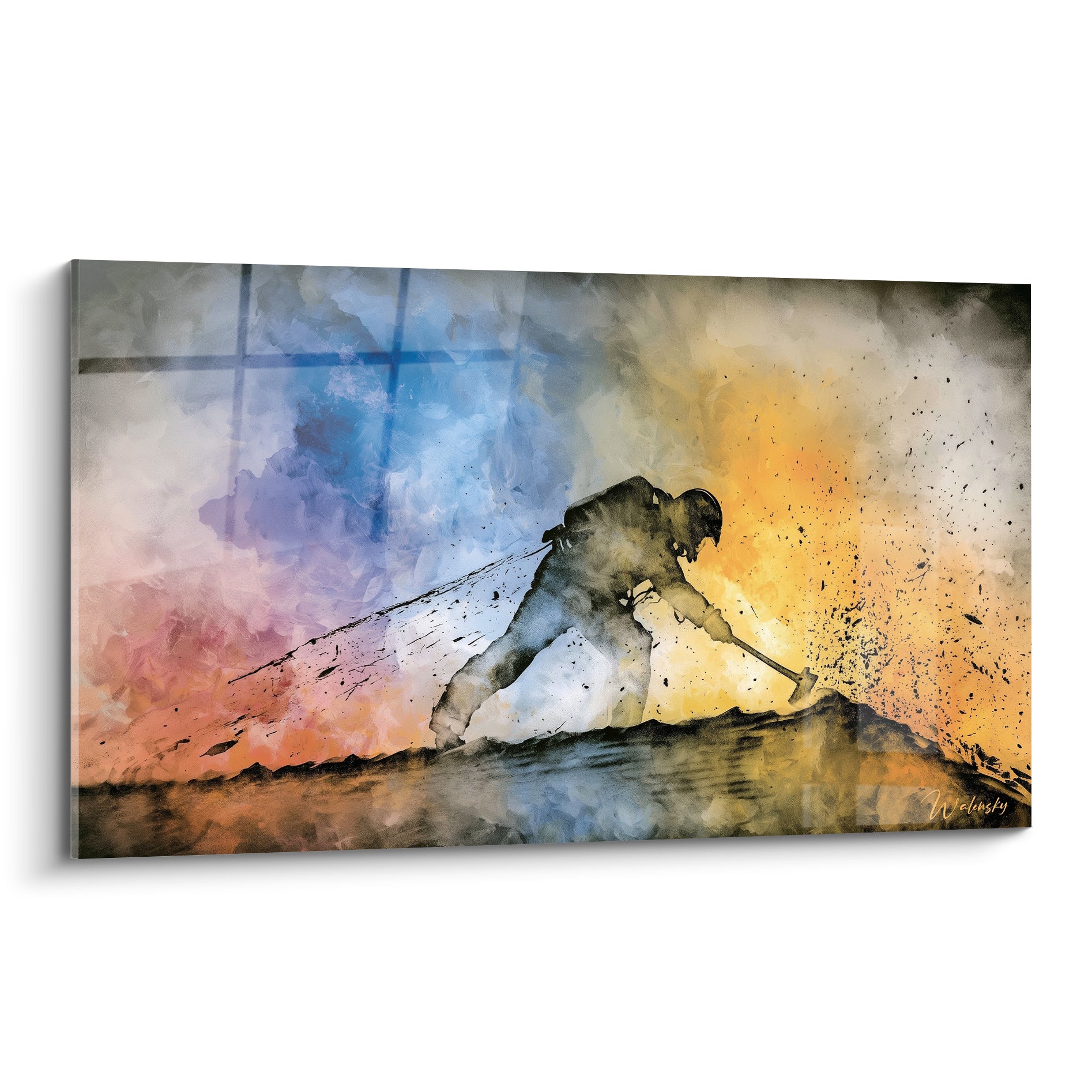 Pompier silhouette penché frappant le sol, fond bleu marine et orange embrasé, style aquarelle éclaboussée