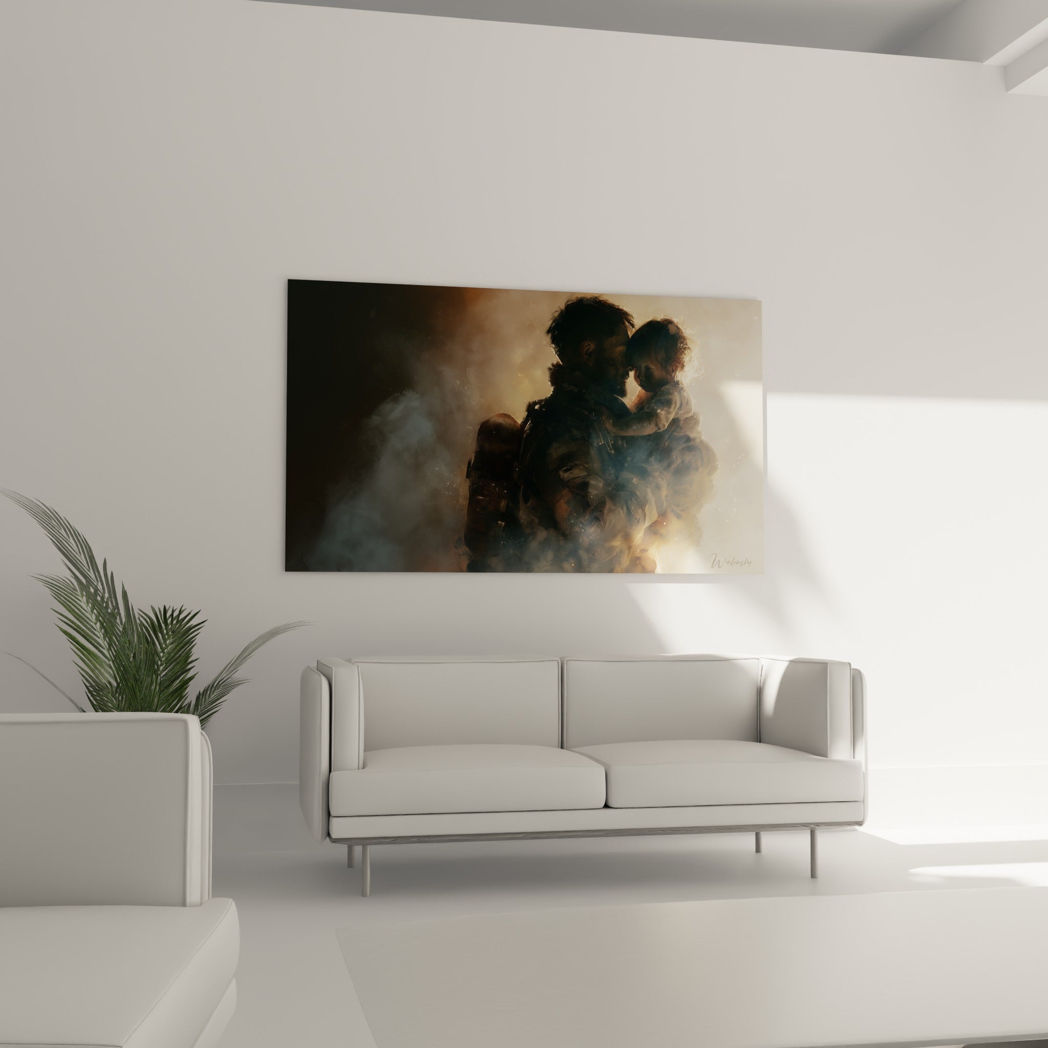 Silhouette d'un pompier protégeant un enfant dans une brume bleu pastel, au-dessus d'un canapé dans un salon lumineux
