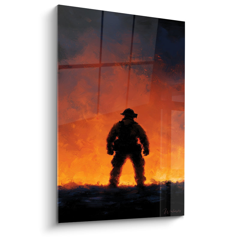 Tableau Pompier noir et orange devant croisillons vitrés - Silhouette immobile au sol sombre - Edition Pompiers