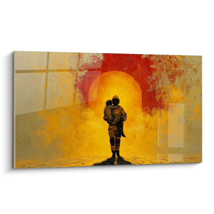 Firefighter Silhouette in Gold Saving a Child - Heroic Rescue - Firefighters Edition