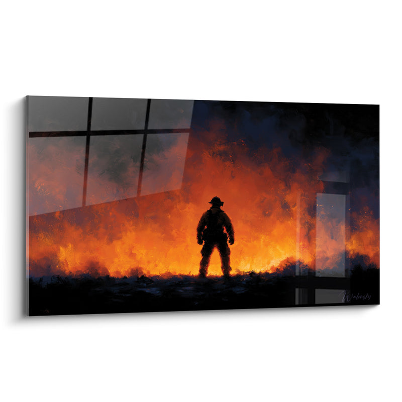Tableau Pompier silhouette noire devant fenêtre vitrée - Cadre de fenêtre brisée - Edition Pompiers
