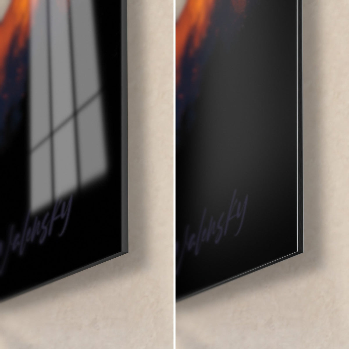 Tableau pompier à la silhouette sombre, flammes orange, coin bas droit: verre acrylique brillant à gauche, Dibond mat à droite