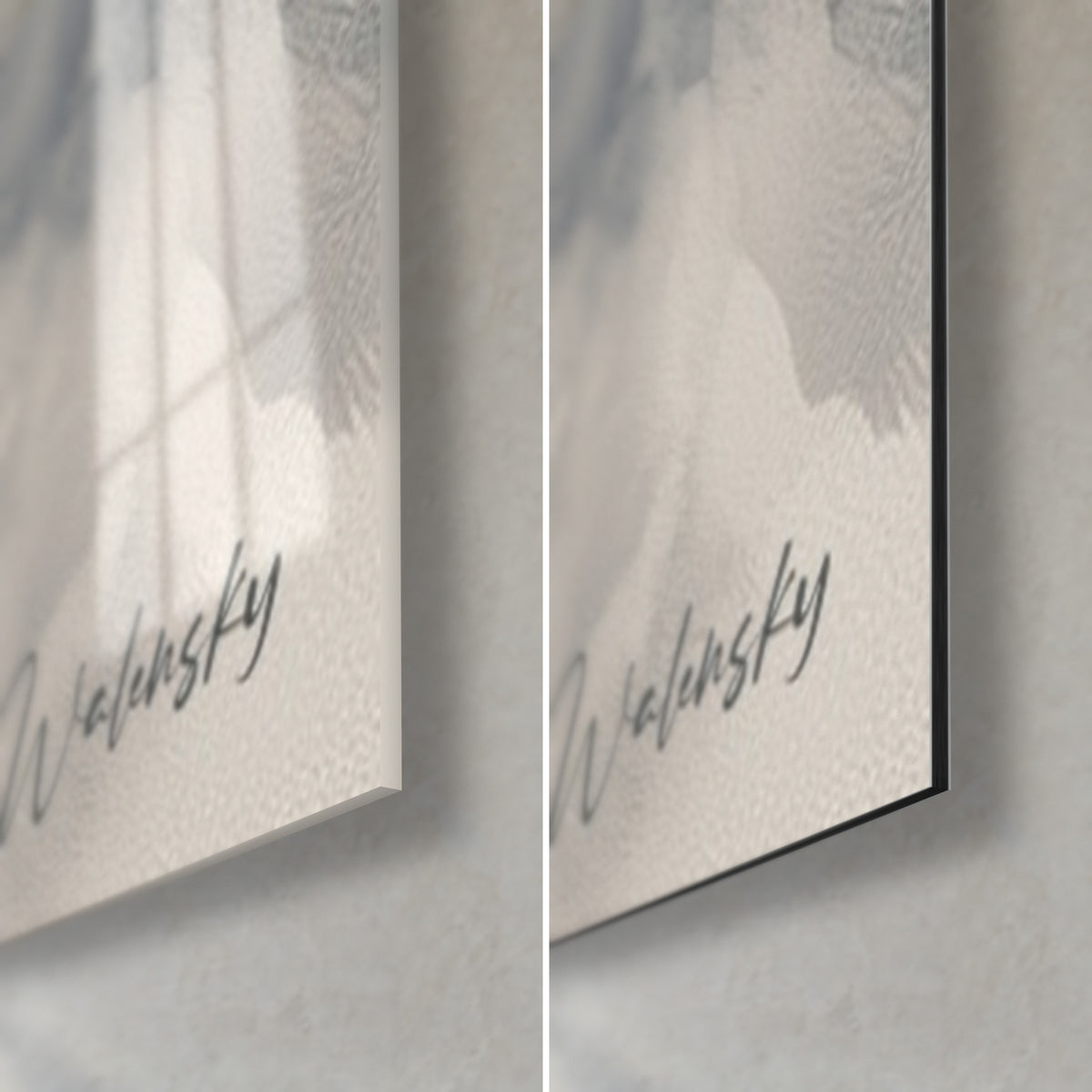 Wall art portrait of a rescuer in a fire-resistant jacket, bottom right corner: glossy acrylic glass on the left, matte black Dibond, 3 mm edge