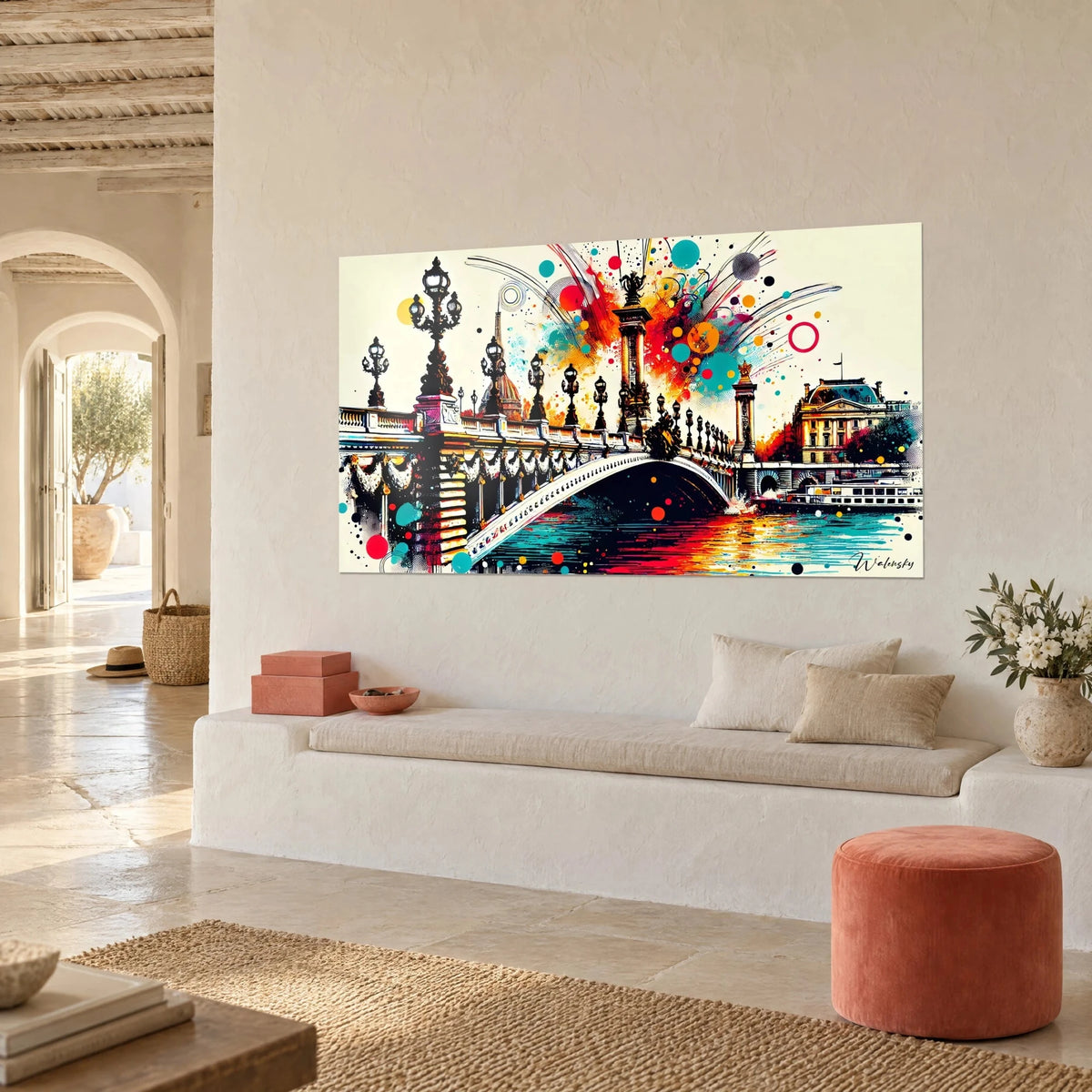 Gemälde Alexandre III im Pop-Art-Stil, cremefarbener Hintergrund, weißer Bogen und orange-türkisfarbene Seine, Wand einer provenzalischen Kalksteinvilla