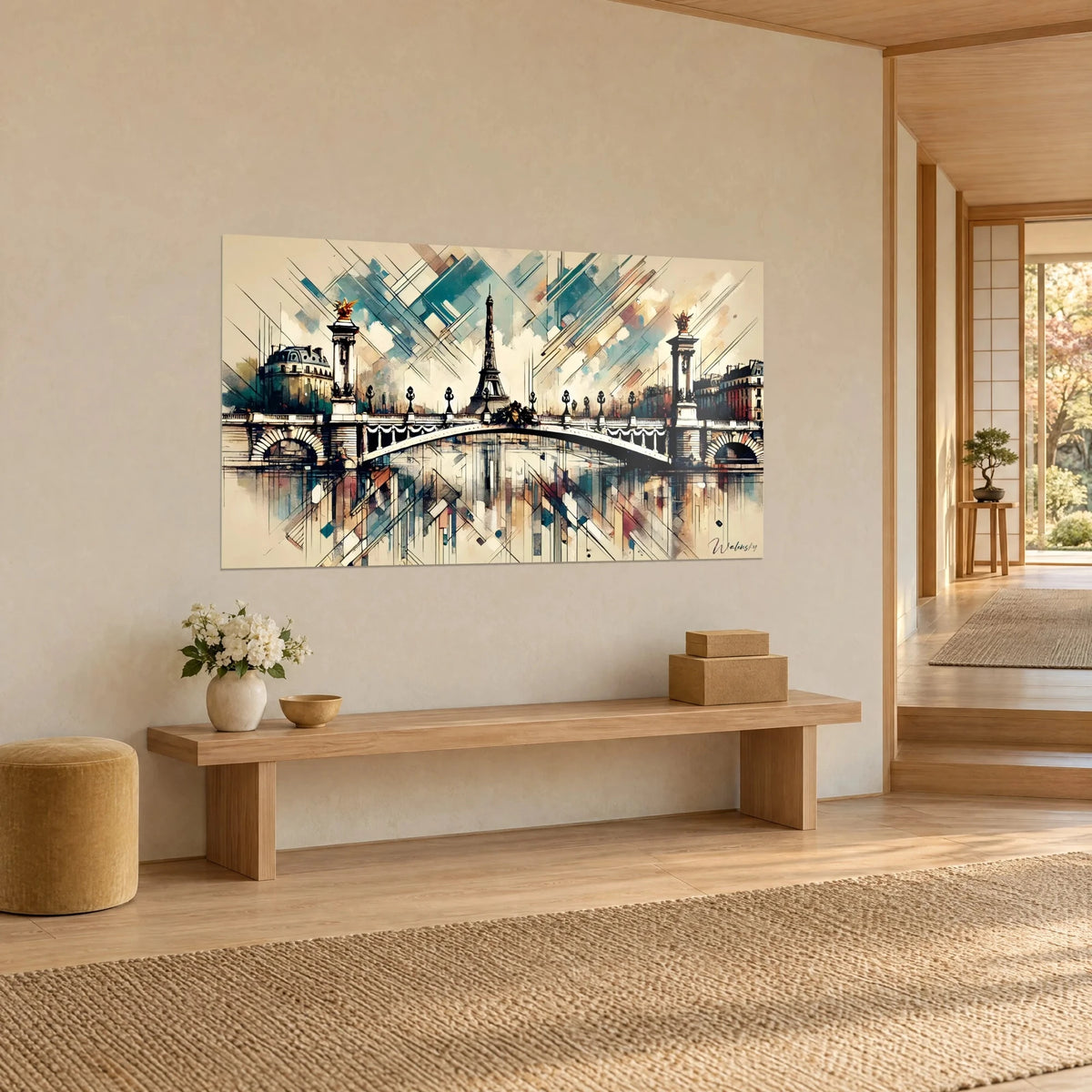 Wall art white arch of a Parisian bridge, rust-toned tower spire, turquoise and sand accents, three-quarter view on a cream Japandi wall