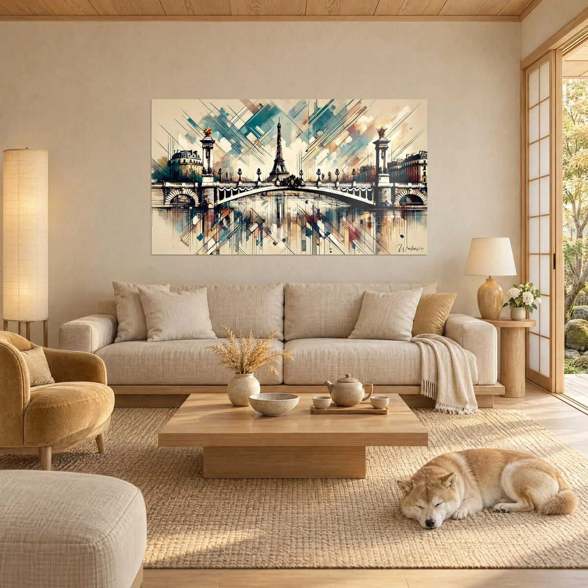 Wall art Pont Alexandre III with gilded candelabras, ochre Eiffel Tower, teal and beige tones, reclining Shiba, hanging above a sofa in a bright living room