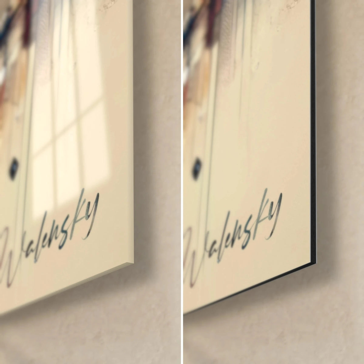 Wall art Pont Alexandre III, bottom right corner: black Walensky signature on beige background, glossy glass on the left, matte black Dibond on the right, 3 mm edge