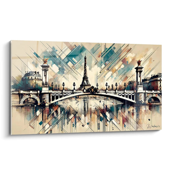 Gemälde Pont Alexandre III aus schrägem Blickwinkel zeigt tiefe Blautöne und Gold. Die dynamischen Linien und goldenen Texturen feiern die zeitlose Eleganz von Paris.

