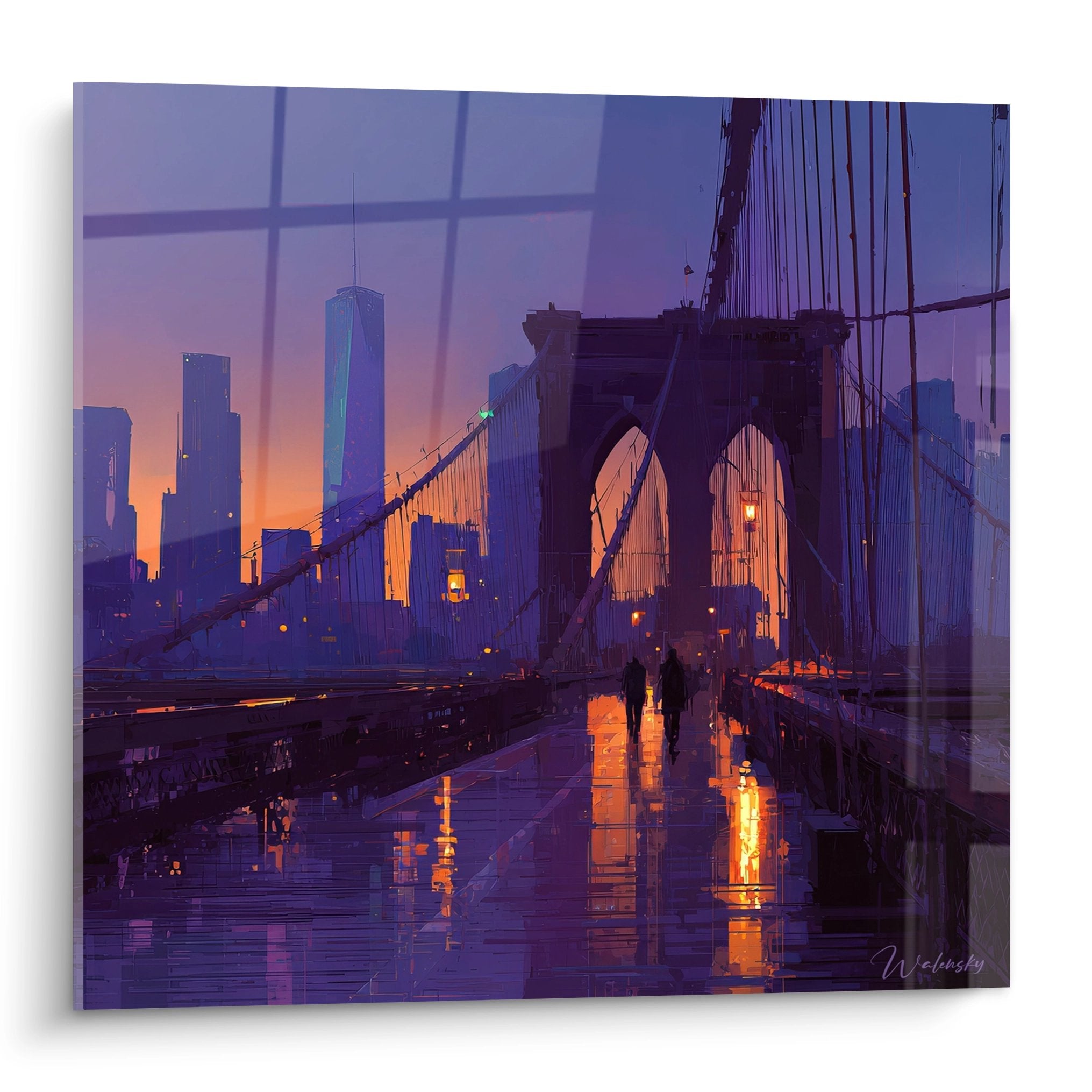 Tableau pont Brooklyn coucher soleil reflets violets skyline Manhattan art mural New York
