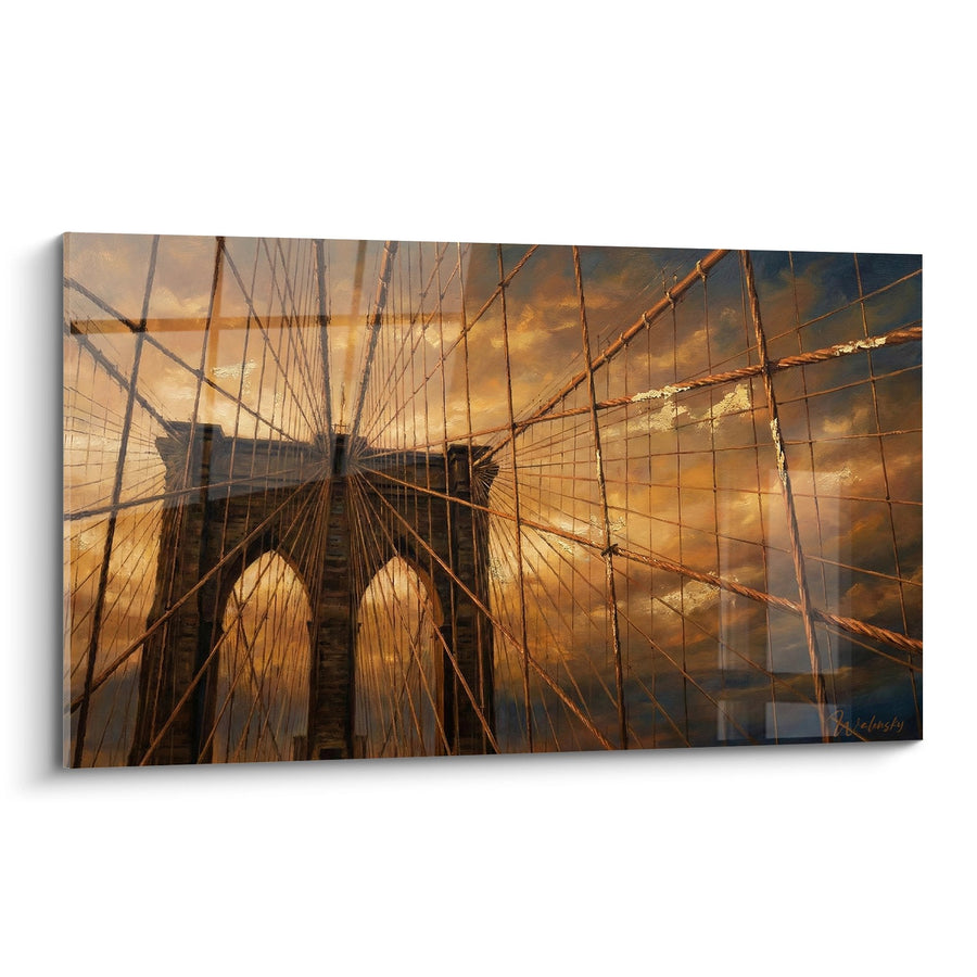 Tableau pont suspendu aux tons dorés et cuivrés dans la brume - Passerelle Urbaine - Edition Brooklyn