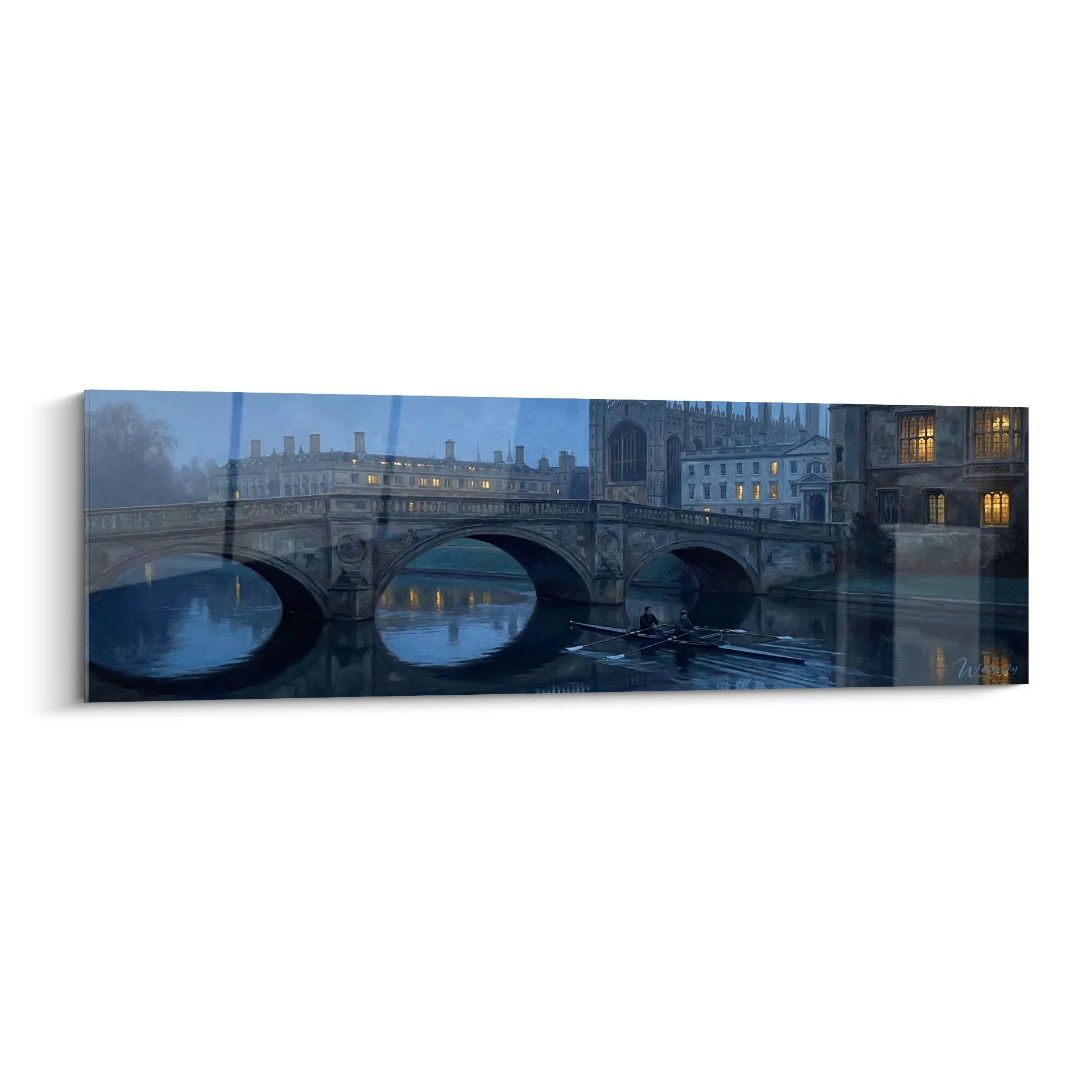 Tableau pont Cambridge aviron crépuscule avec rameuses sous arches gothiques et bâtiments universitaires illuminés