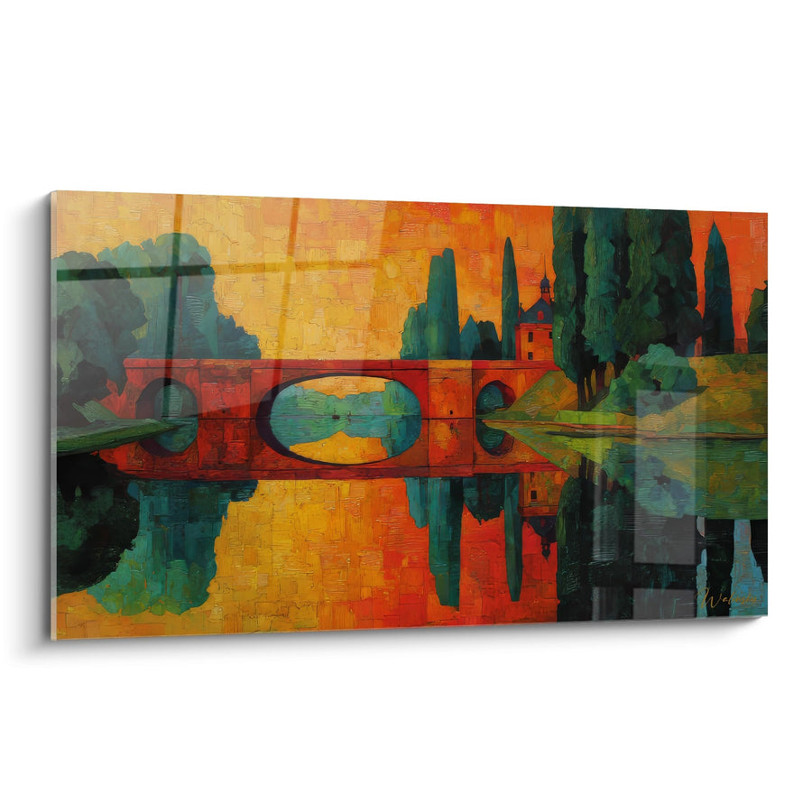 Tableau pont de campagne - Reflets dorés au coucher du soleil - édition campagne