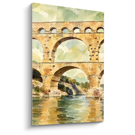 Tableau Aqueduc romain ocre et vert reflété - Quiétude antique - Edition Pont du Gard Occitanie France