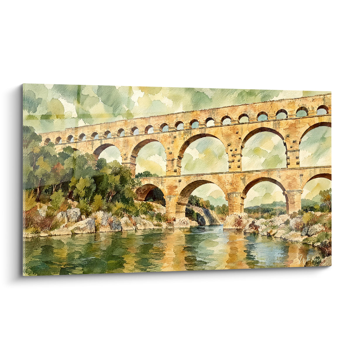 Gemälde Römischer Aquädukt Pont du Gard in ockerfarbenem und grünem Aquarell, übereinanderliegende Bögen über dem ruhigen Fluss