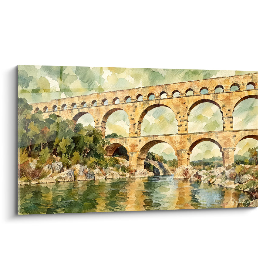 Tableau Aqueduc romain aux arches ocre et vertes - Mémoire romaine - Edition Pont du Gard Occitanie France