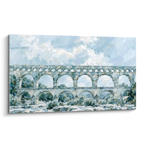 Tableau Aqueduc romain aux arches bleu pâle et pierre grise - Mémoire de pierre - Edition Pont du Gard Occitanie France