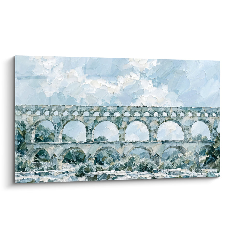 Tableau Aqueduc romain aux arches bleu pâle et pierre grise - Mémoire de pierre - Edition Pont du Gard Occitanie France
