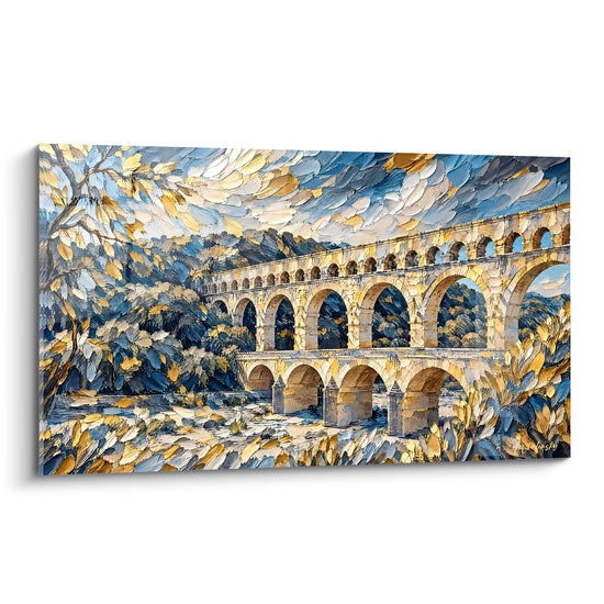 Tableau Aqueduc ocre et bleu aux feuillages déployés - Branches en éventail - Edition Pont du Gard Occitanie France